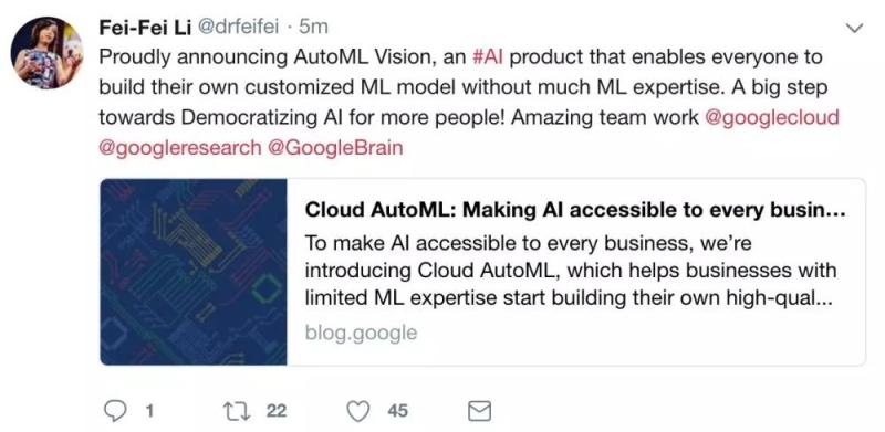 李飞飞、李佳加入谷歌云里程碑：发布Cloud AutoML