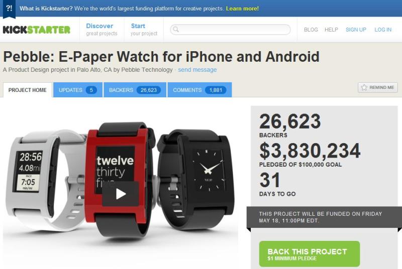 电子纸手表Pebble能与iPhone/Android设备蓝牙同步，已获380万美元公众筹资
