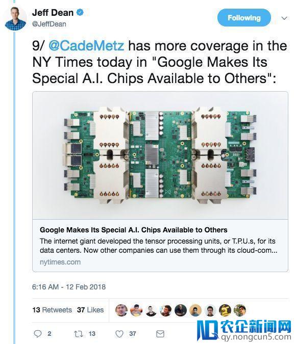 谷歌重拳开放Cloud TPU：GPU最强对手上线，Jeff Dean十条推文全解读