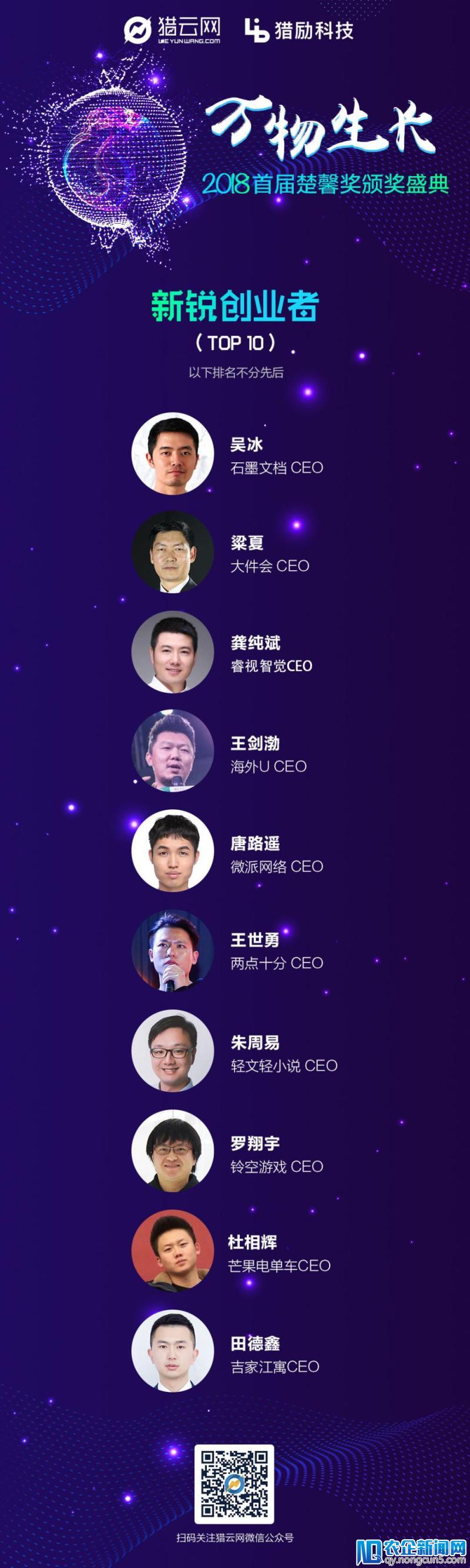 楚馨奖「2018新锐创业者TOP 10」榜单发布！